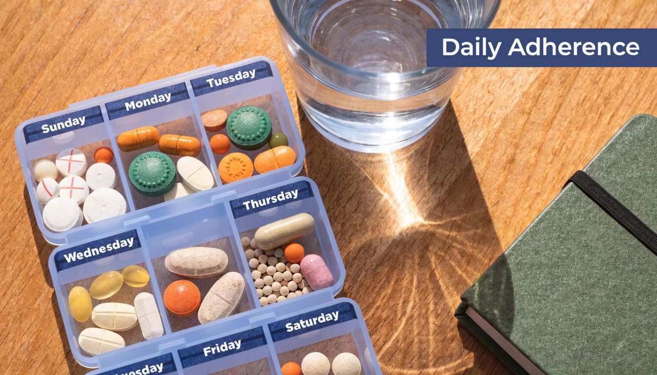 A weekly pill organizer filled with various medications next to a glass of water and notebook.