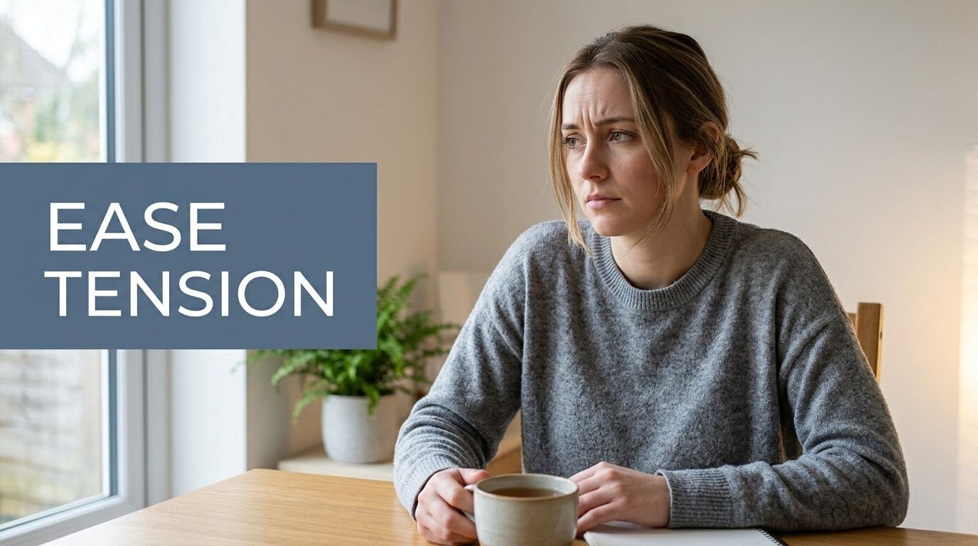 A concerned woman sitting at a table with a coffee cup, reflecting on progressive muscle relaxation techniques.