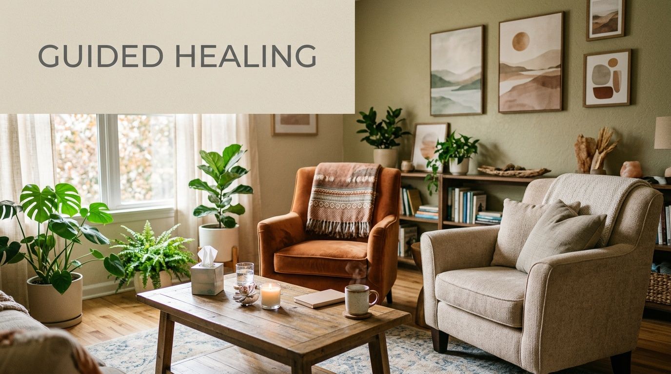 A cozy, sunlit therapy office featuring comfortable armchairs, indoor plants, books, and soft decor for relaxation.