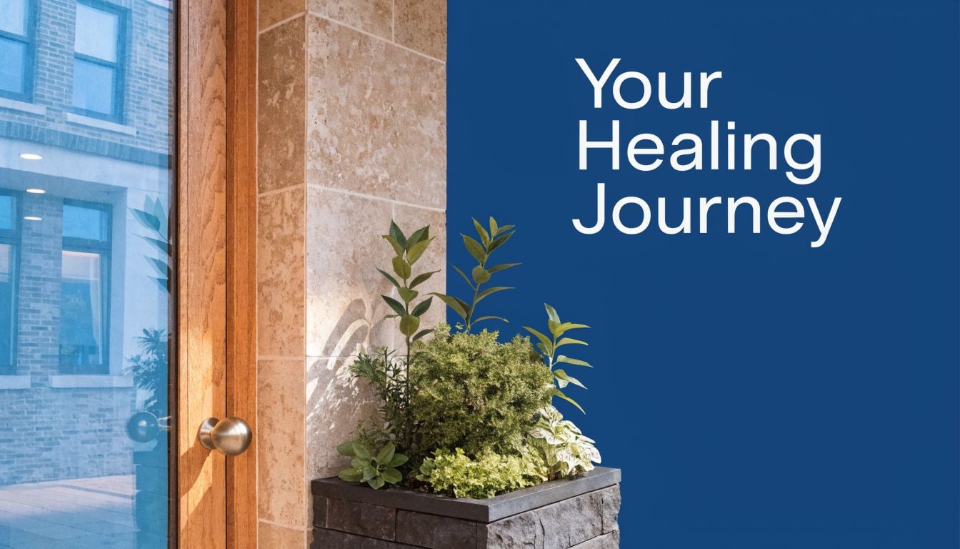A modern entrance with a potted plant and sign reading Your Healing Journey on a blue wall.