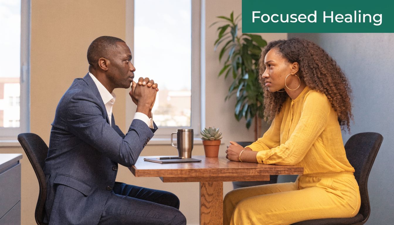 A professional man and woman having a serious discussion during a counseling or therapy session.