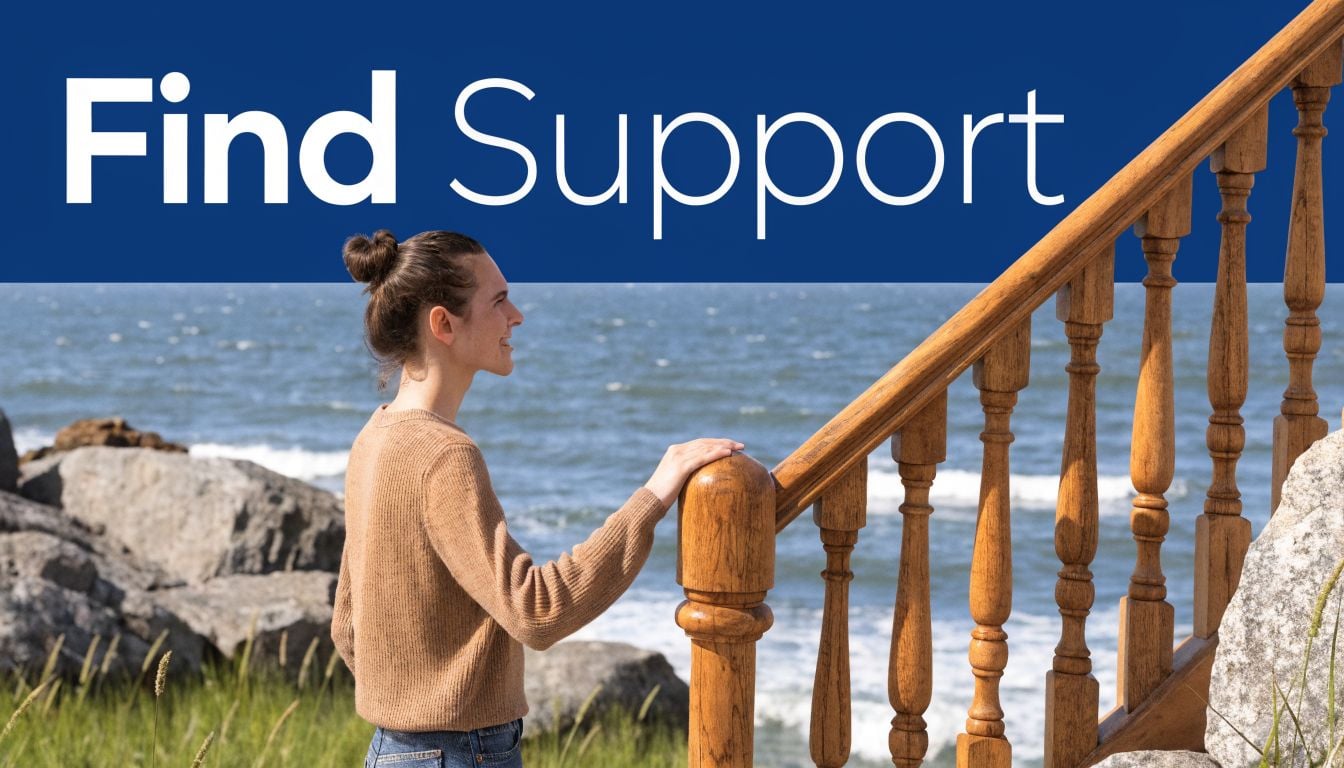 A young person looking out at the ocean while standing next to a wooden staircase railing.