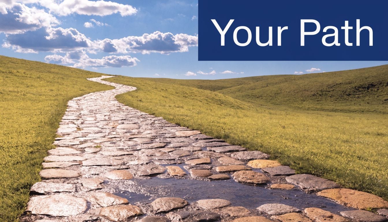 A stone pathway winding through a grassy rolling hill landscape under a bright blue sky.