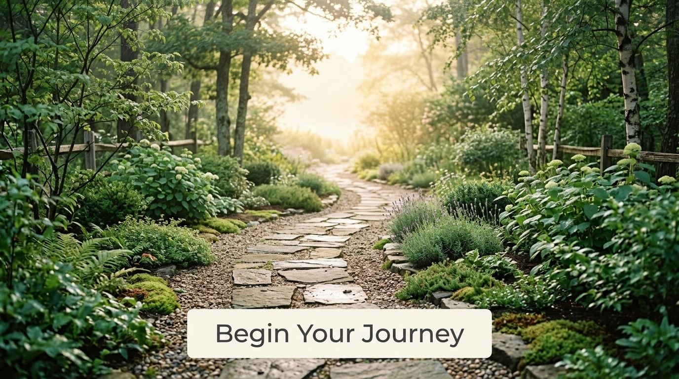 A peaceful stone garden path leading into a sunlit forest with the text Begin Your Journey overlayed.