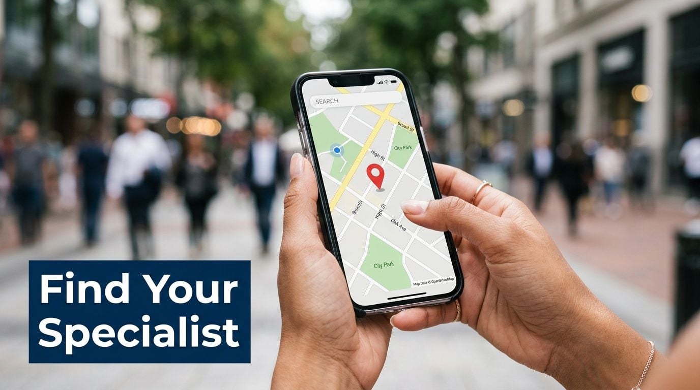 A person holds a smartphone displaying a map application while walking down a busy city street.