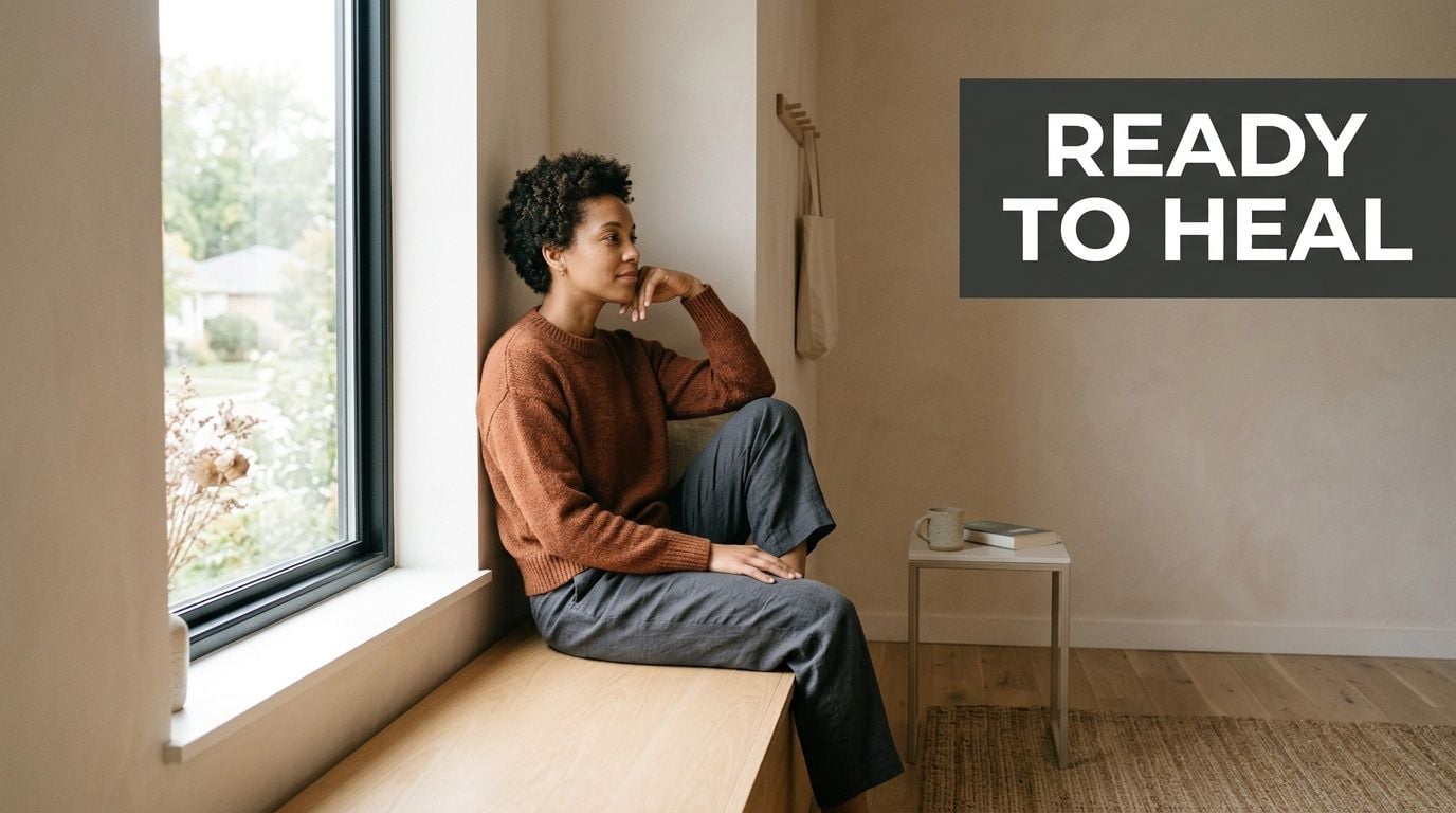 A contemplative woman sitting by a window in a minimalist, peaceful room, reflecting on healing and mental well-being.
