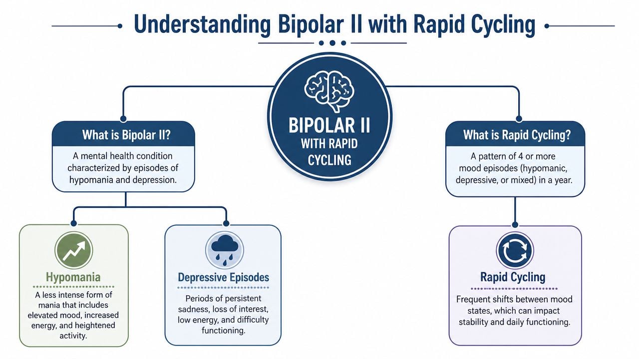 An infographic explaining Bipolar II disorder with rapid cycling, including definitions of hypomania and depressive episodes.