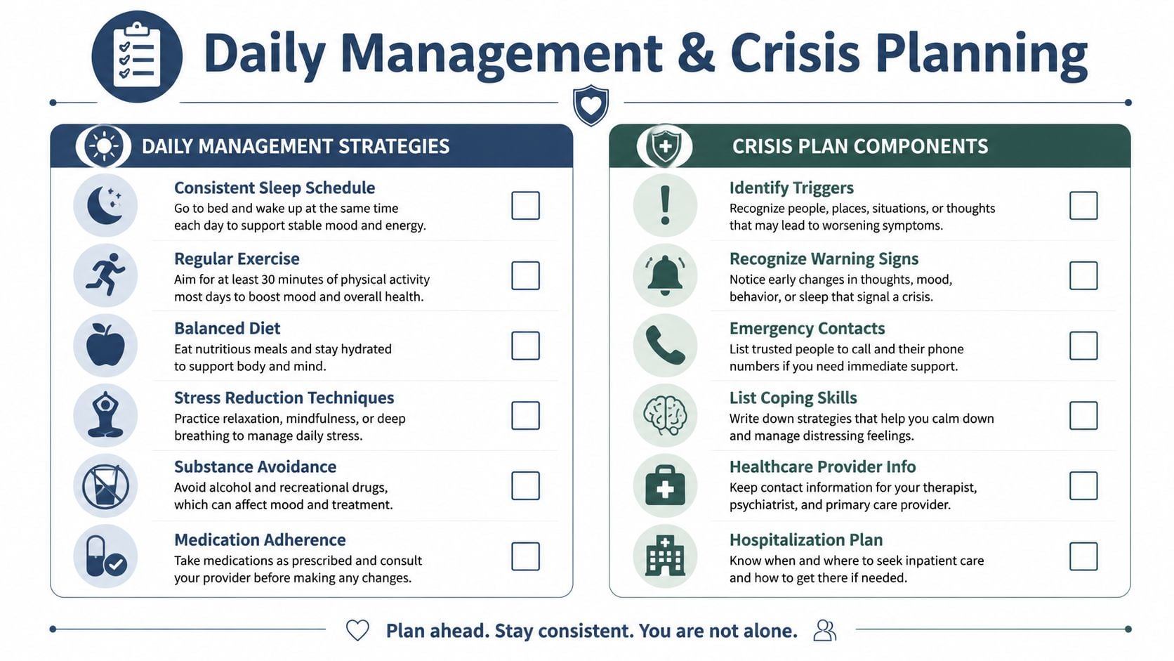 An infographic titled Daily Management and Crisis Planning, outlining mental health strategies and essential safety measures.