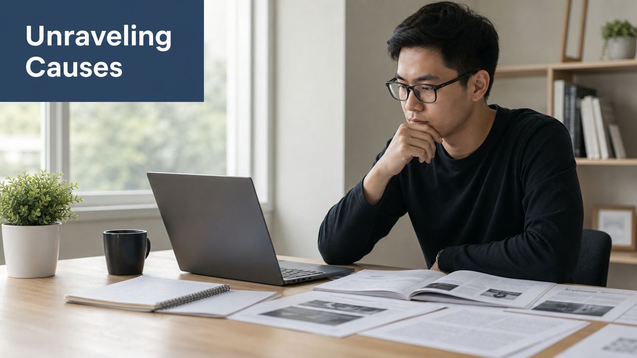 A focused man wearing glasses sits at a desk working on a laptop surrounded by study papers.