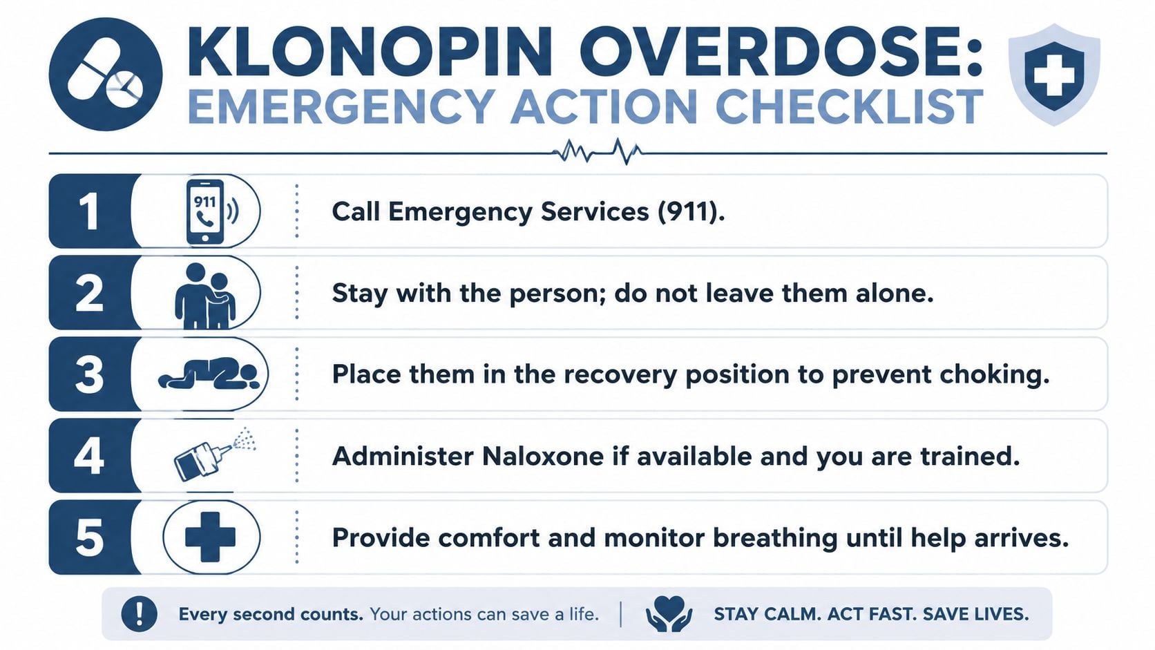 An infographic checklist outlining five emergency steps to take during a potential Klonopin drug overdose situation.
