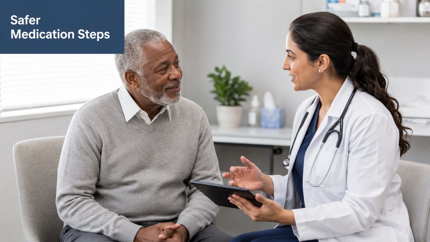 A female doctor with a stethoscope discussing medication safety with an elderly male patient in a clinic.
