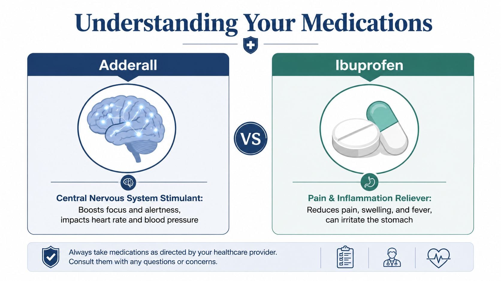 An infographic comparing Adderall as a nervous system stimulant and Ibuprofen as a pain and inflammation reliever.