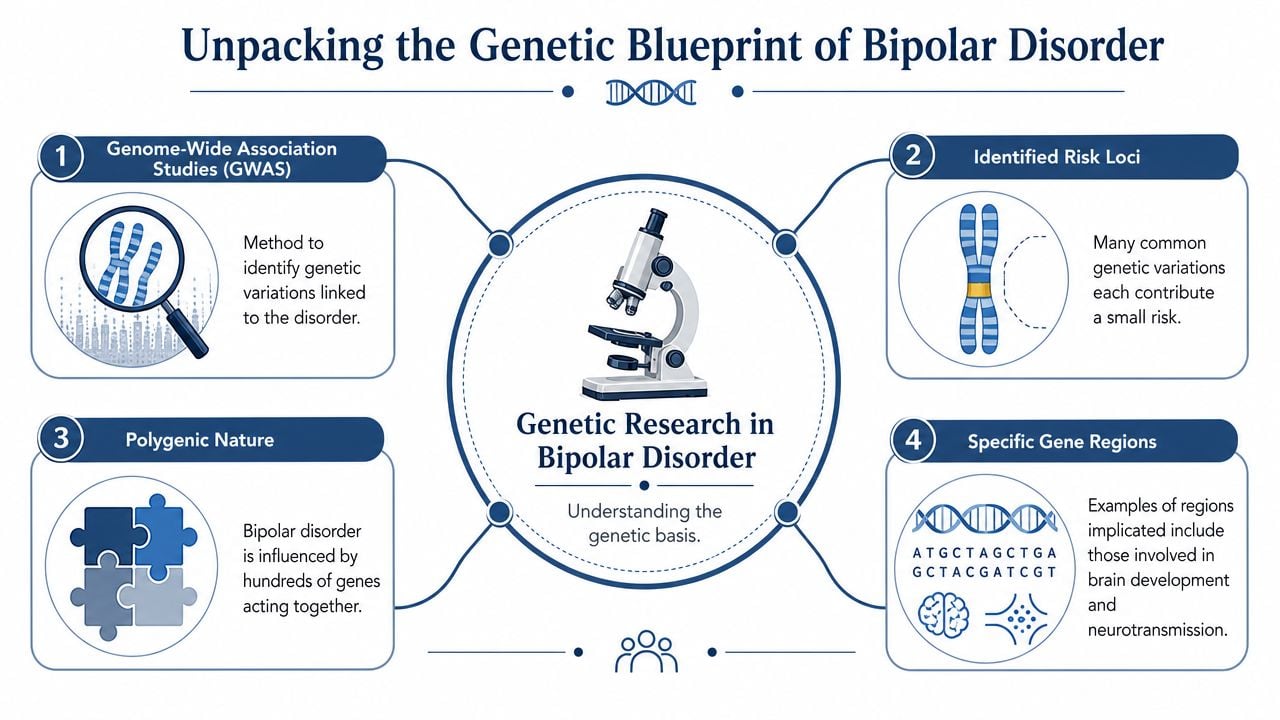An infographic titled Unpacking the Genetic Blueprint of Bipolar Disorder showing research methods and genetic risk factors.