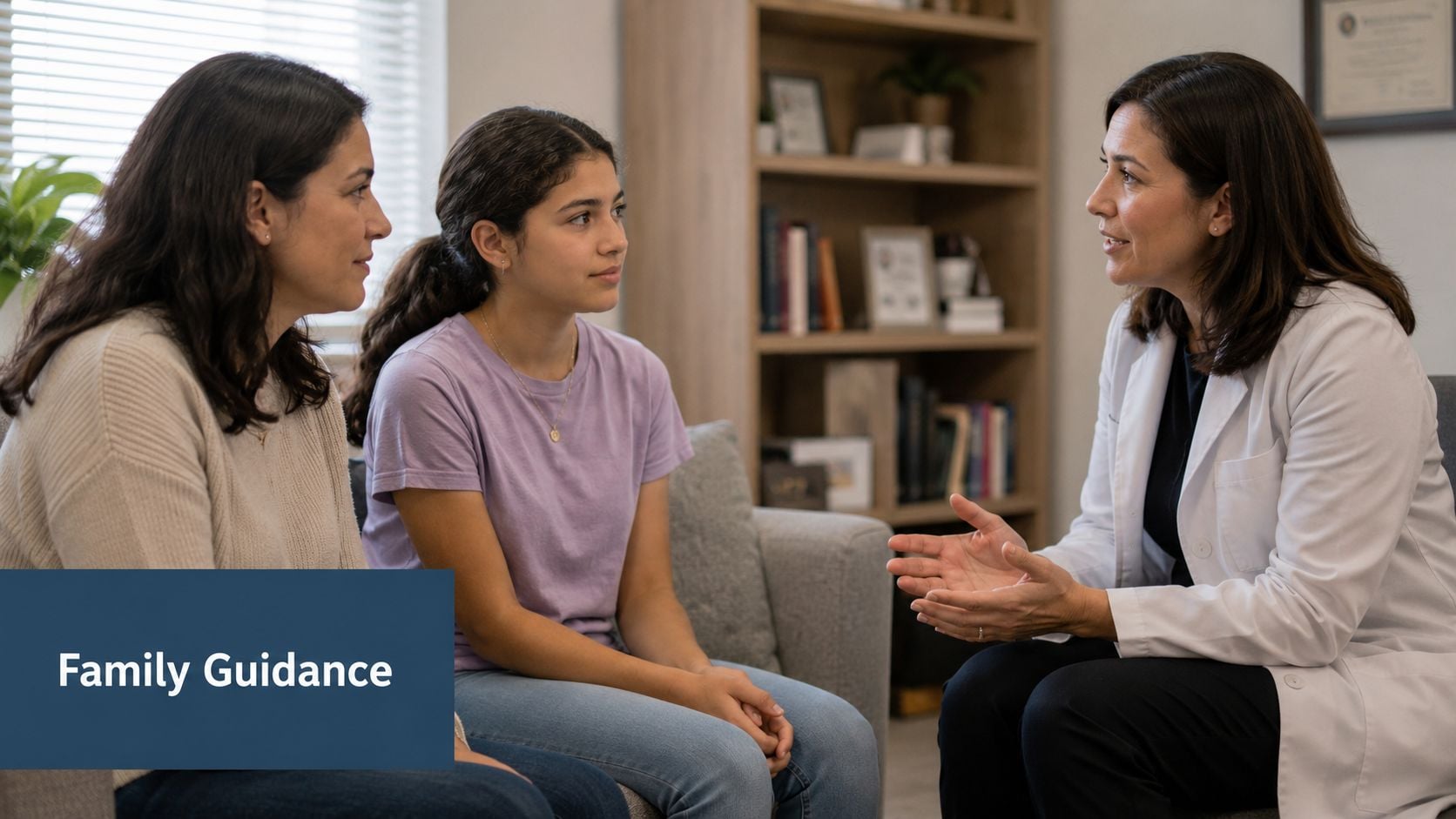 A professional therapist provides family guidance to a young girl and her mother in an office setting.