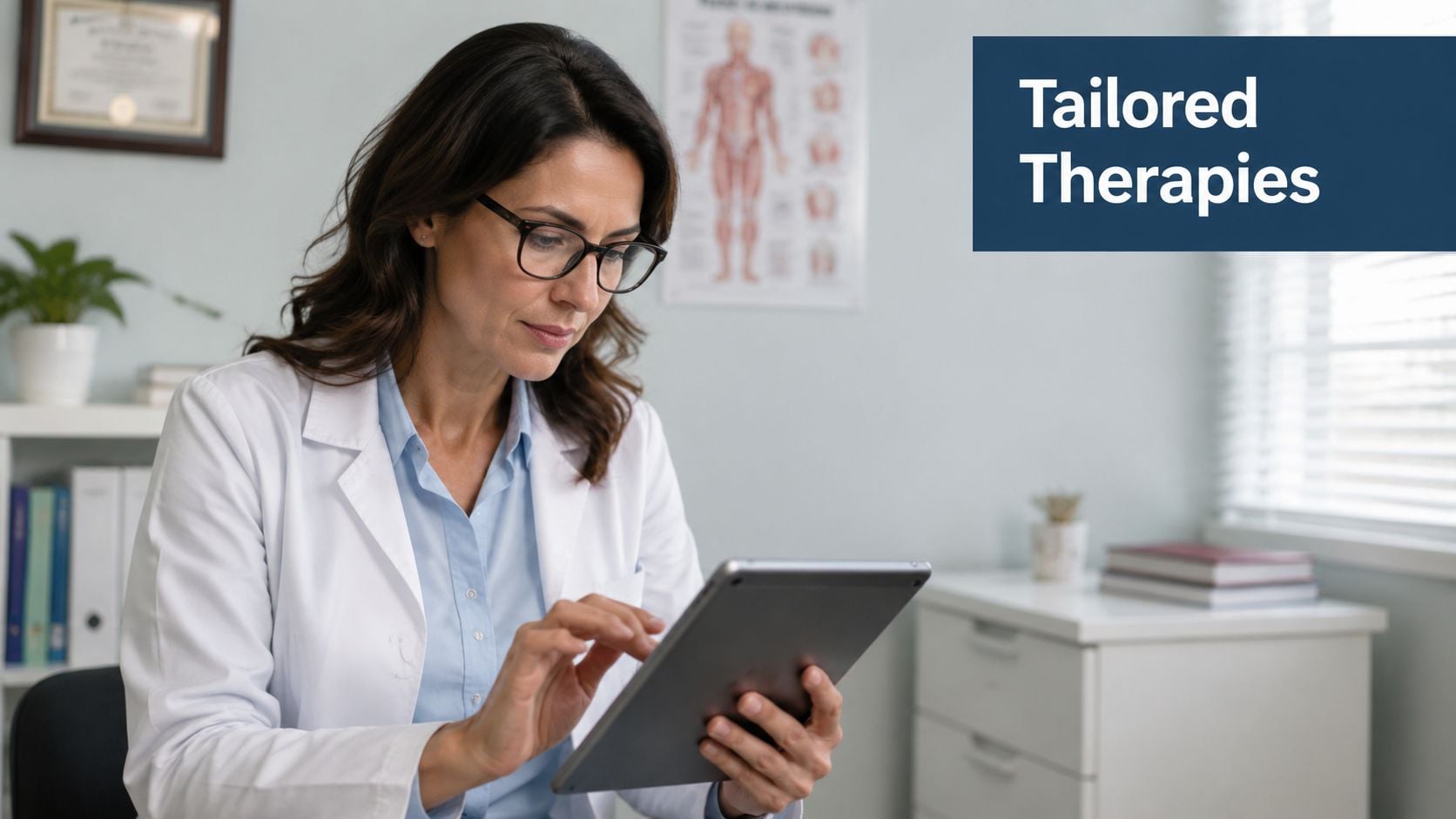 A female doctor in a white coat reviewing patient data on a tablet in her office.