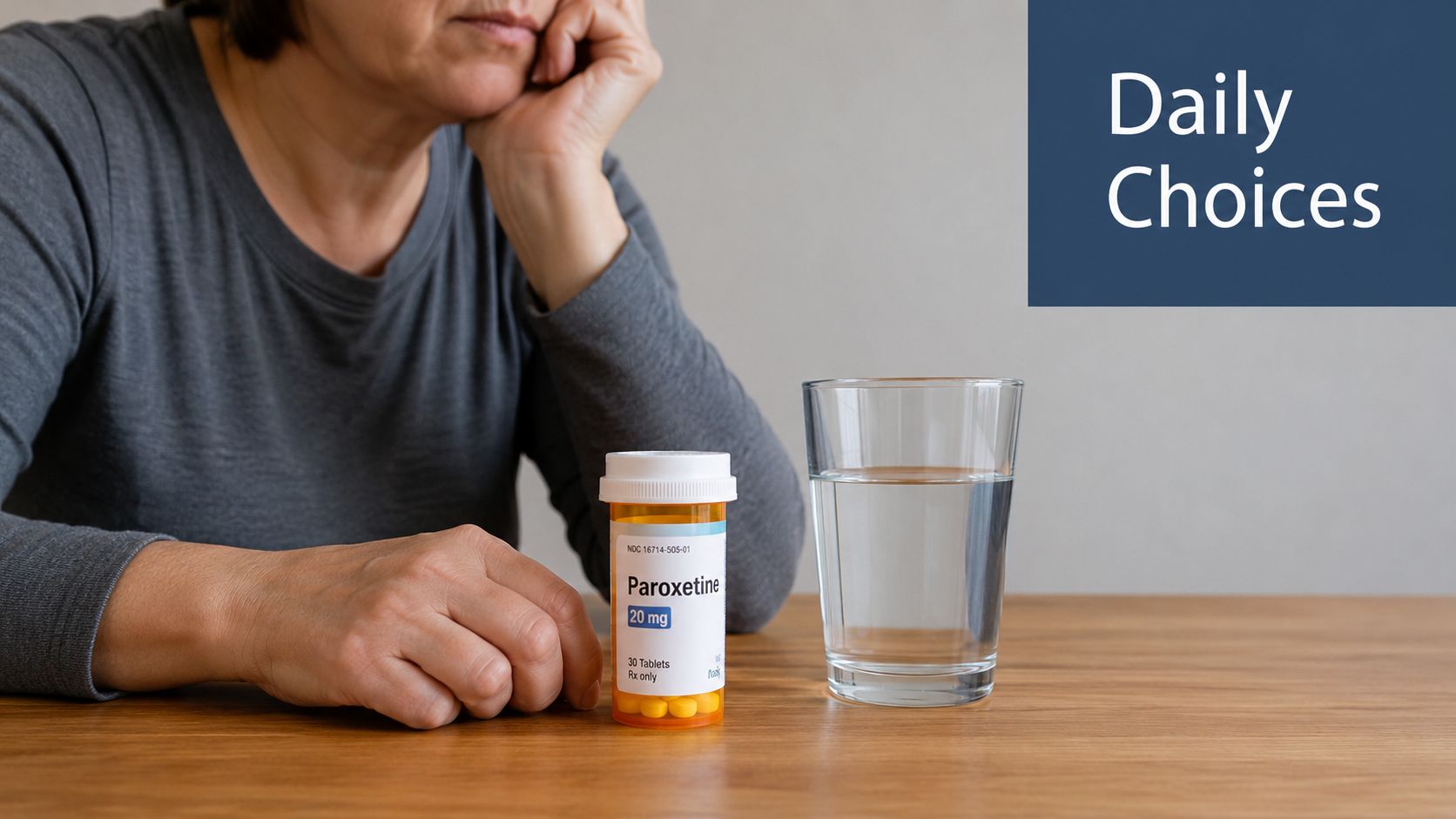 A person sitting at a table with a bottle of Paroxetine and a glass of water nearby.