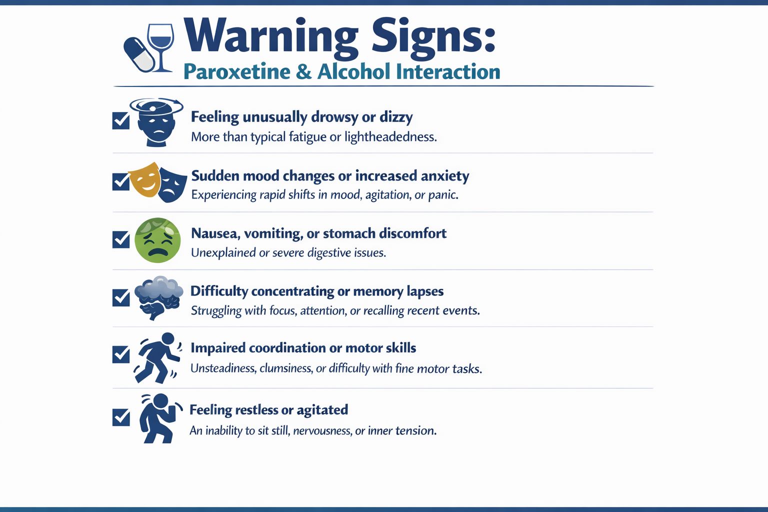 A medical infographic highlighting potential warning signs of interactions between paroxetine medication and alcohol consumption.