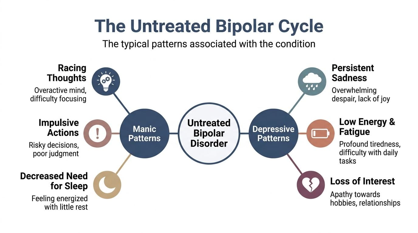 A diagram illustrating the patterns of untreated bipolar disorder, showing both manic and depressive cycle symptoms.