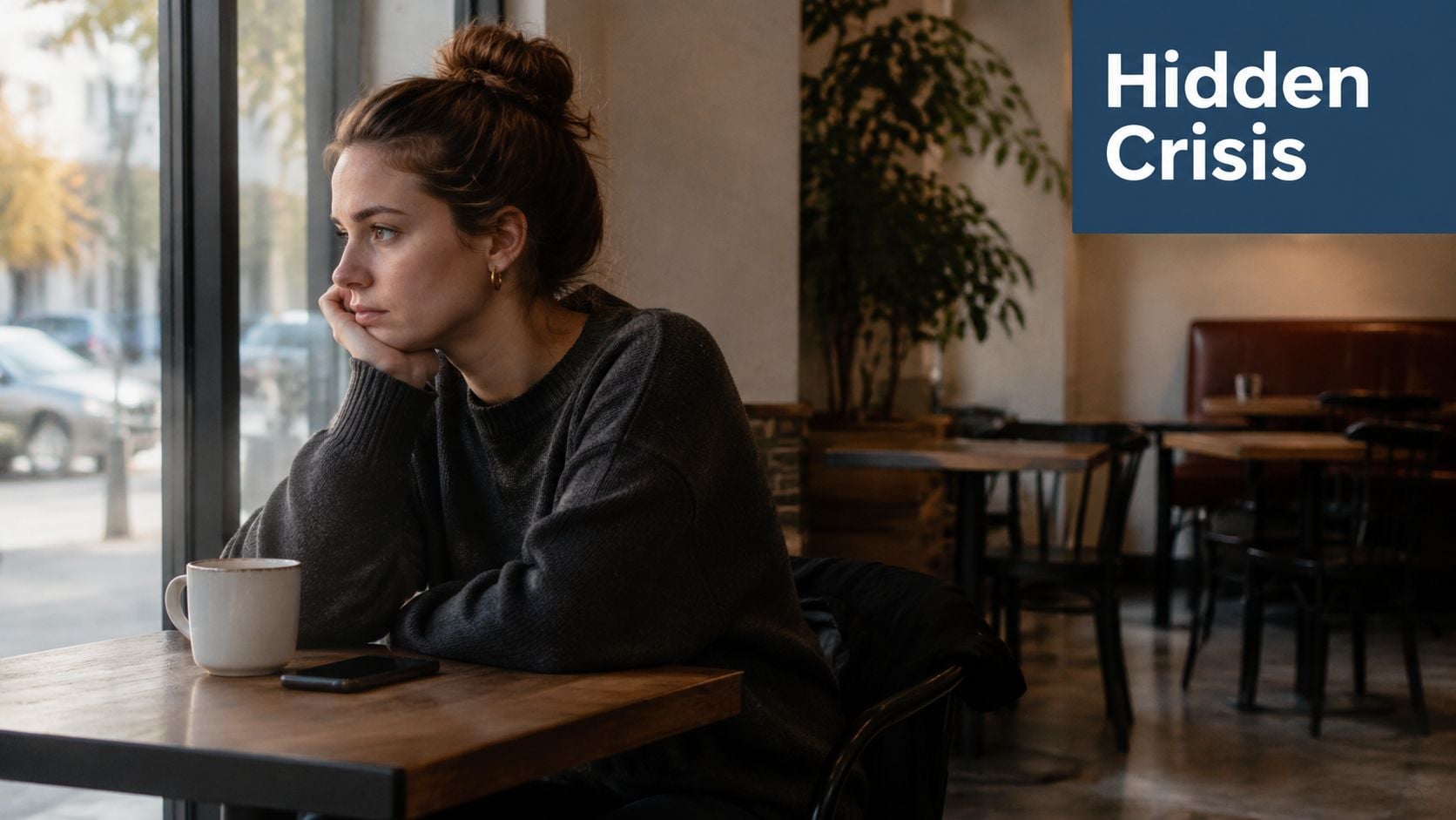 A pensive young woman sitting at a cafe table by the window with a coffee cup.