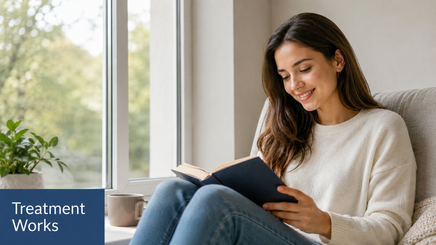 A happy woman relaxing by a bright window while reading a book in her cozy home.
