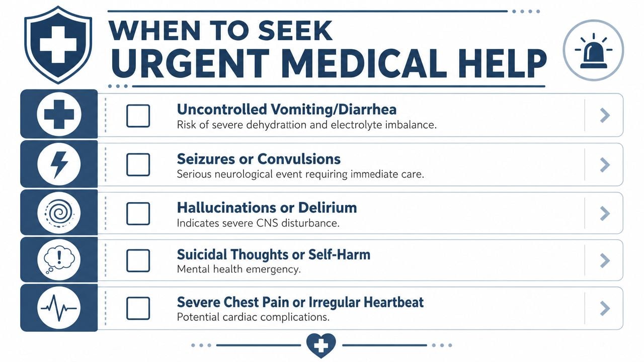 An infographic titled When to Seek Urgent Medical Help, listing symptoms like seizures, vomiting, and chest pain.