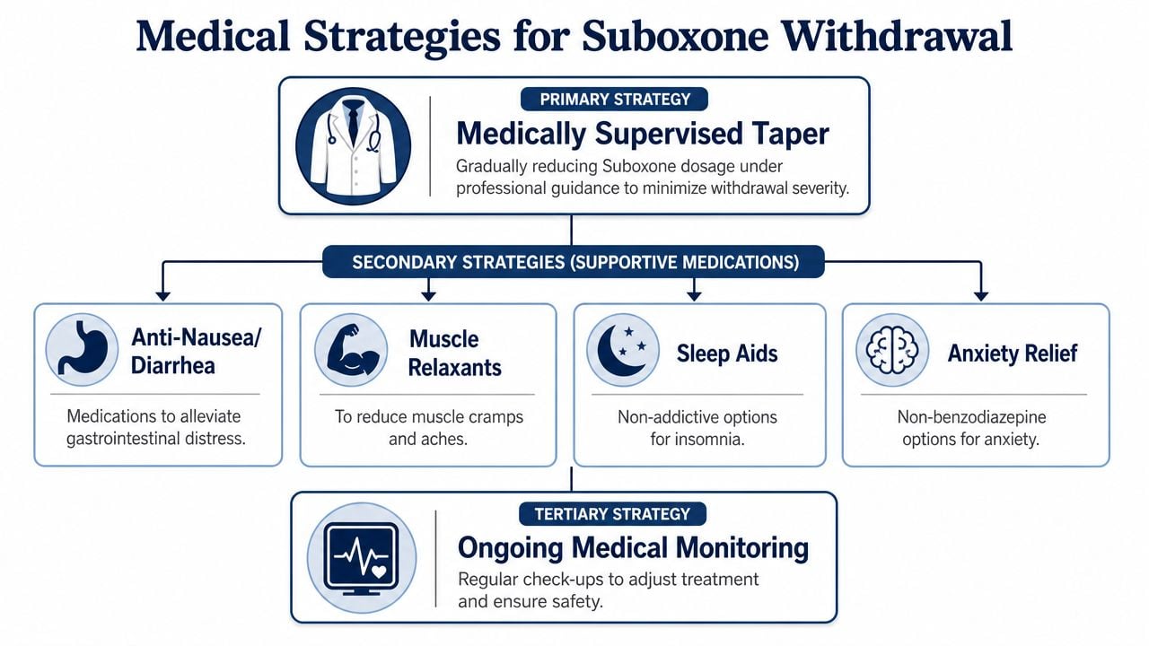 A flowchart outlining primary, secondary, and tertiary medical strategies for managing Suboxone withdrawal symptoms safely.
