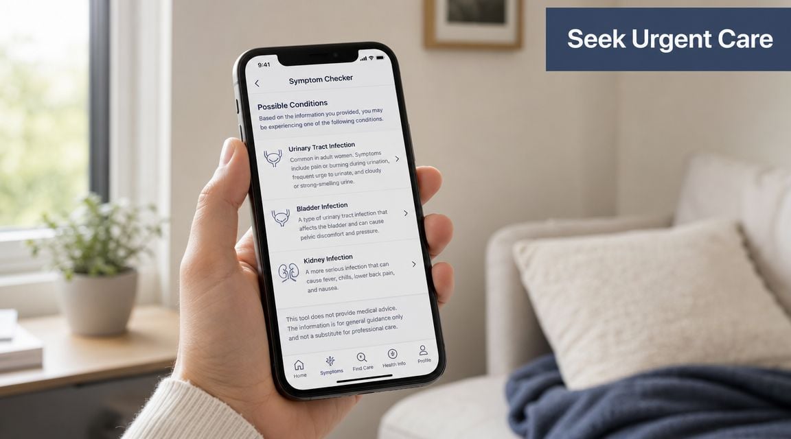 A person holds a smartphone displaying a symptom checker app with possible conditions listed on the screen.