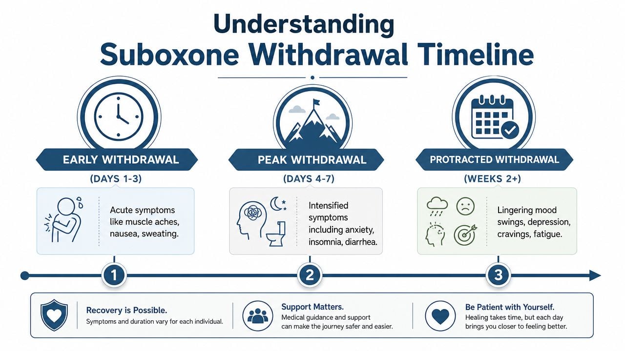 A timeline graphic showing the stages of Suboxone withdrawal from early symptoms to long-term recovery phases.