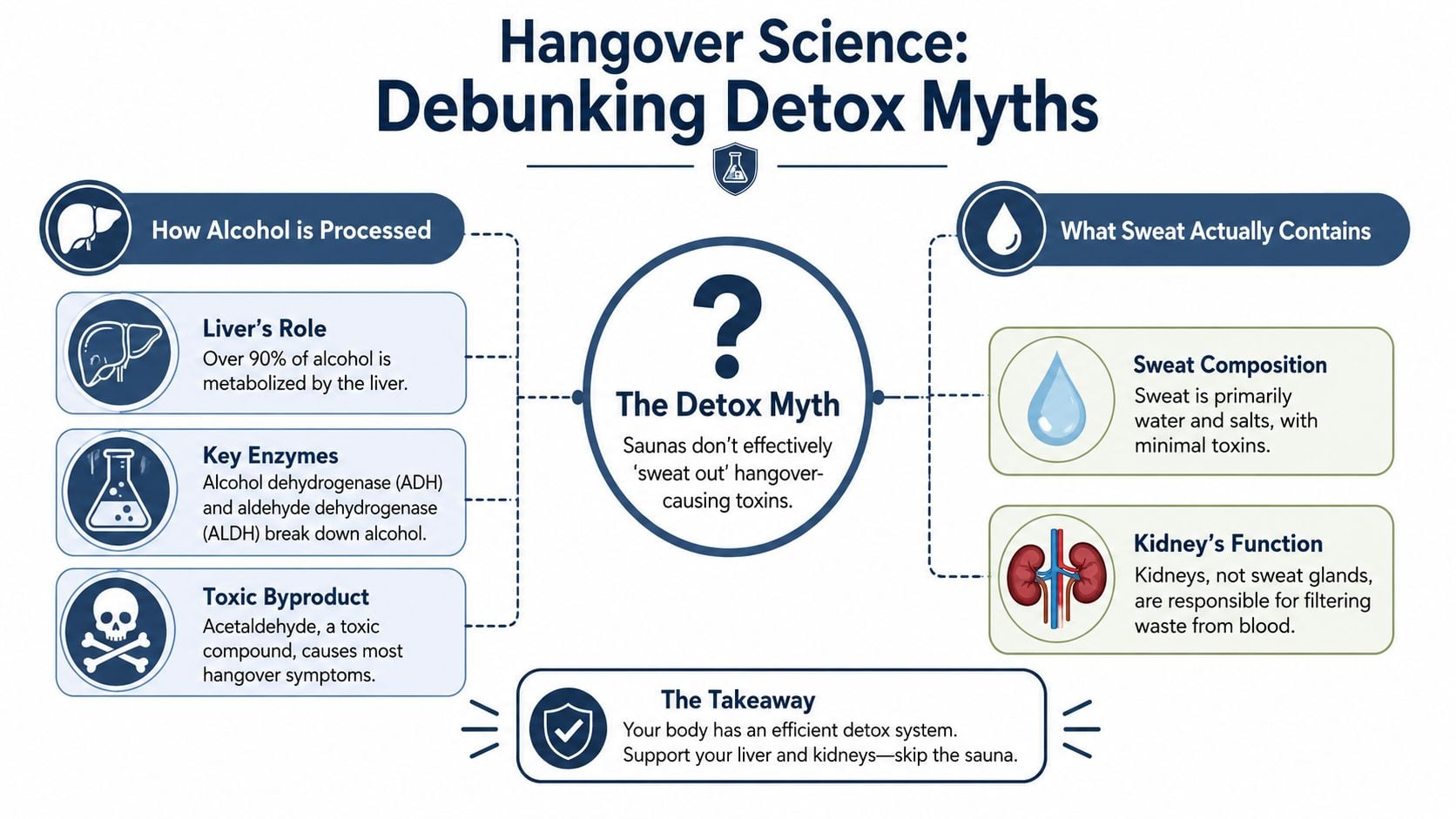 An infographic debunking the myth that saunas help cure hangovers by explaining how the body naturally processes alcohol.
