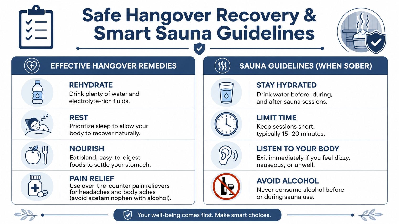 A helpful infographic outlining tips for safe hangover recovery and important guidelines for smart sauna usage.