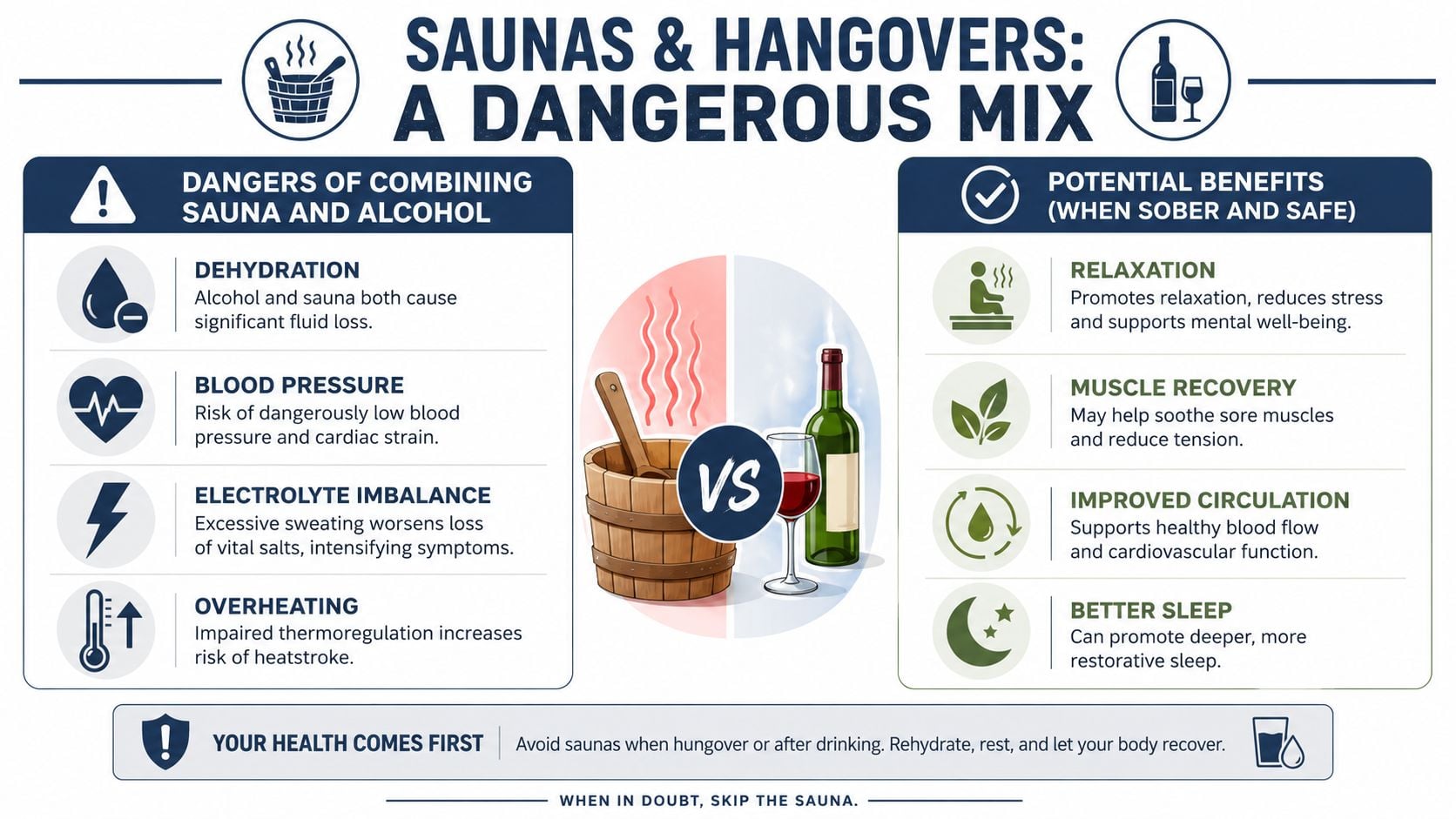 An infographic titled Saunas and Hangovers illustrating the risks of combining alcohol with sauna sessions versus benefits.