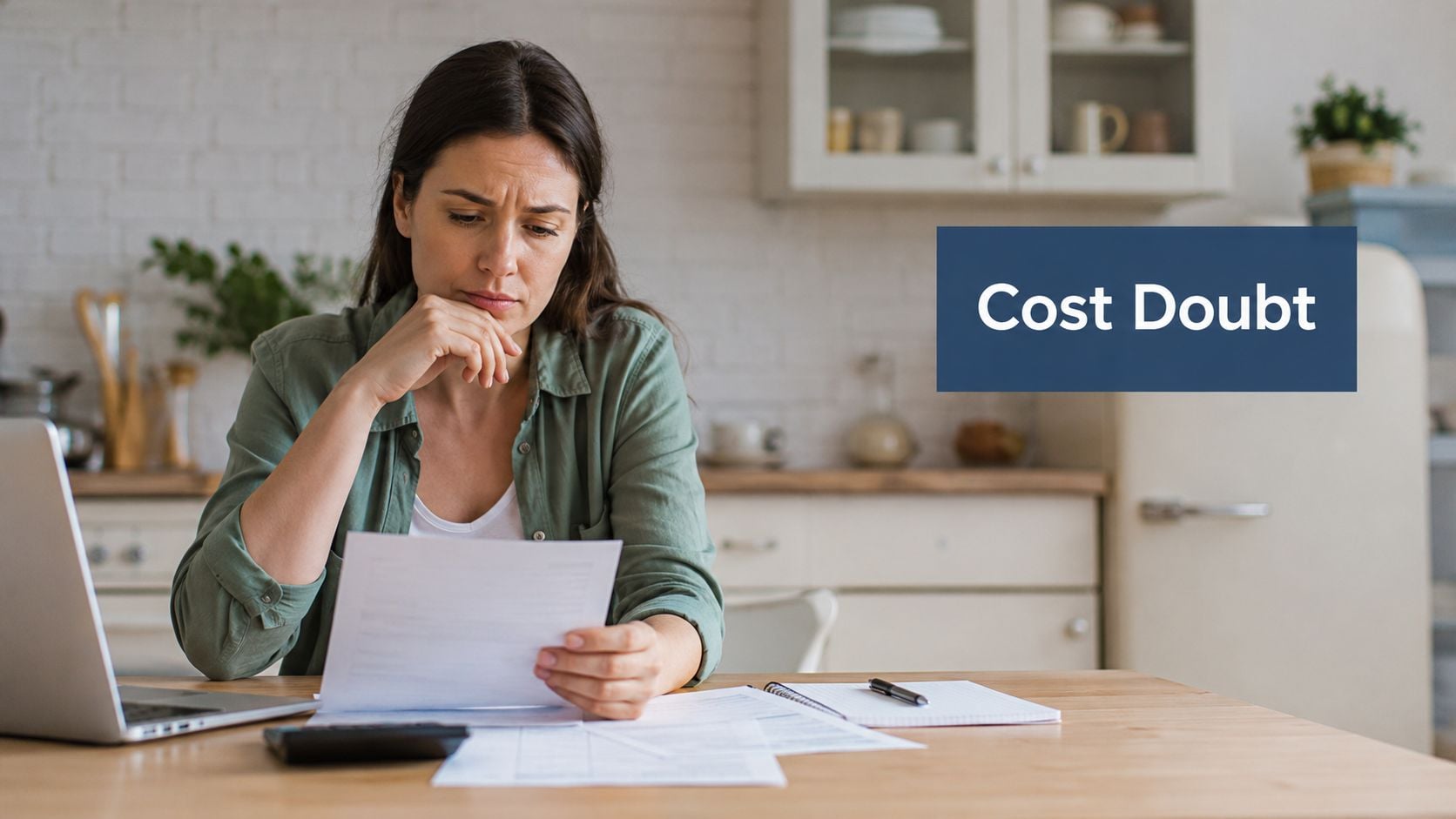 A concerned woman sitting at a kitchen table reviewing financial documents while using her laptop.