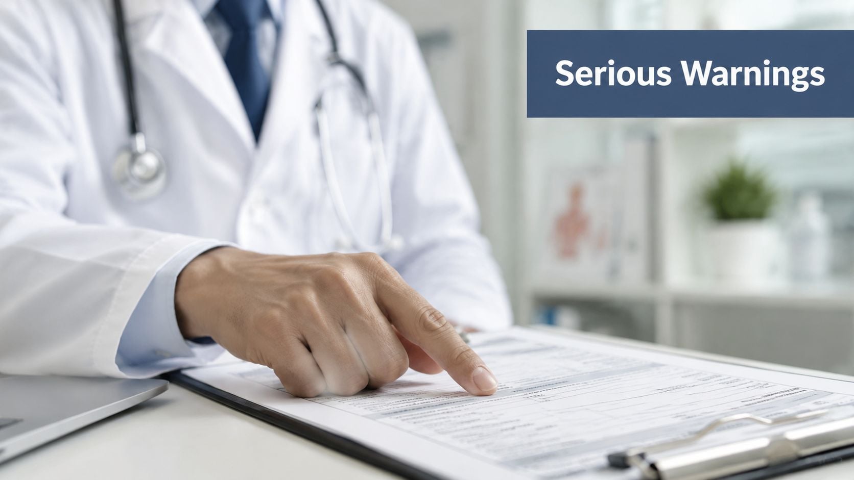 A doctor in a white coat pointing to a medical document labeled with serious warnings about medication.