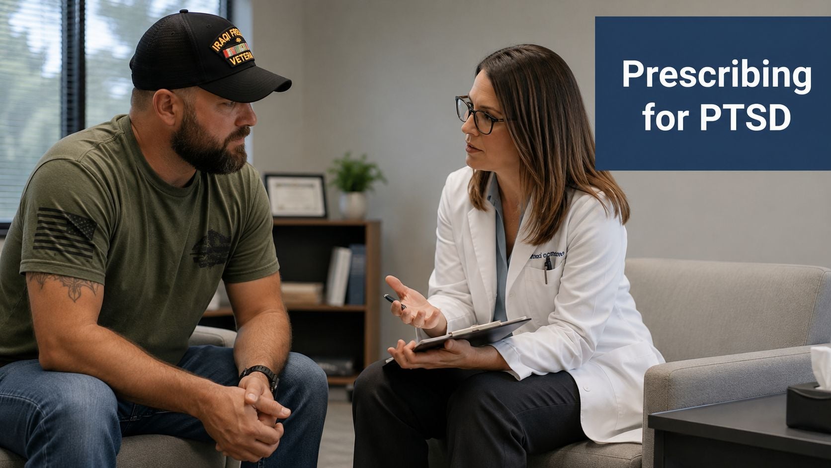 A female doctor in a white coat consulting with a male veteran in a clinical office setting.