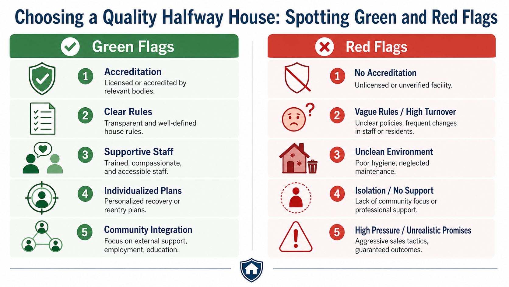 An infographic titled Choosing a Quality Halfway House showing five green flags and five red flags.