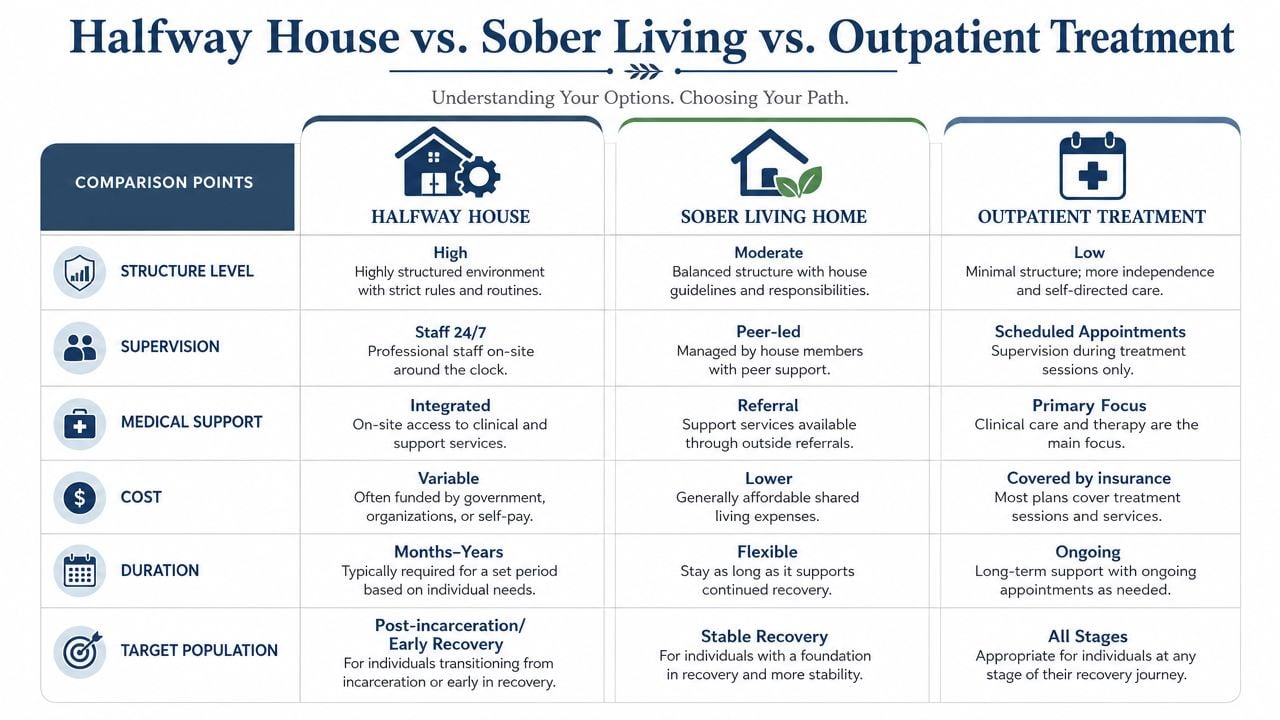 A comparison chart outlining the differences between a halfway house, sober living home, and outpatient treatment programs.
