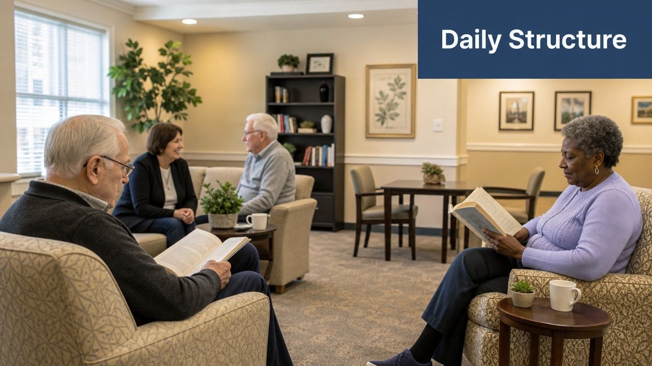 A group of older adults sitting in a comfortable community room reading books and socializing together.
