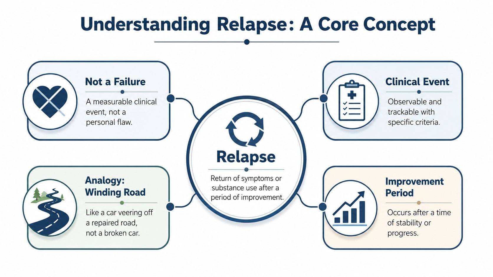 An infographic titled Understanding Relapse explaining that it is a clinical event, not a failure or flaw.