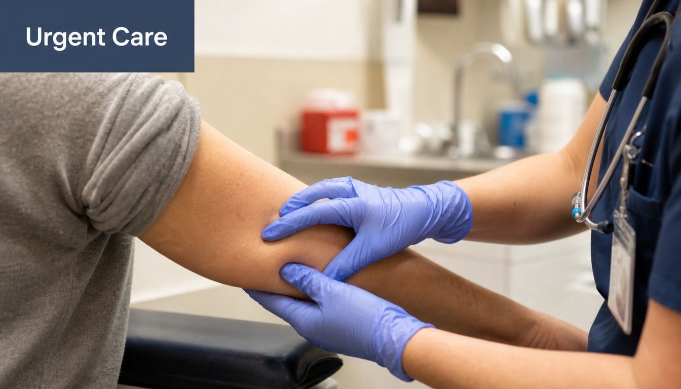 A healthcare professional wearing blue gloves examining a patient's arm at an urgent care medical clinic.