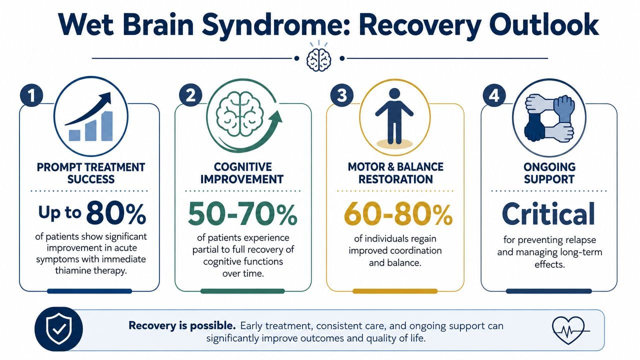 An infographic titled Wet Brain Syndrome Recovery Outlook showing four steps with percentage rates and key recovery statistics.