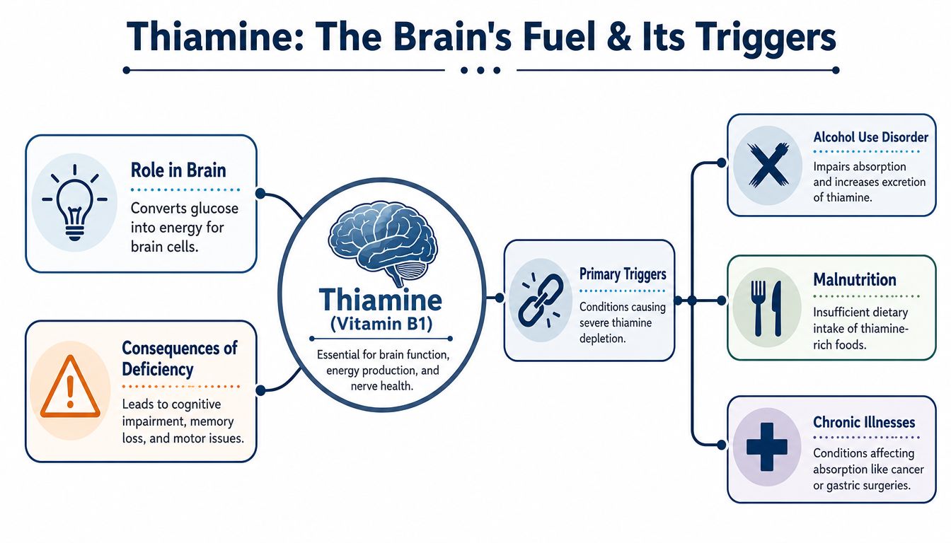 An infographic titled Thiamine: The Brain's Fuel & Its Triggers explaining Vitamin B1 functions and deficiency risks.