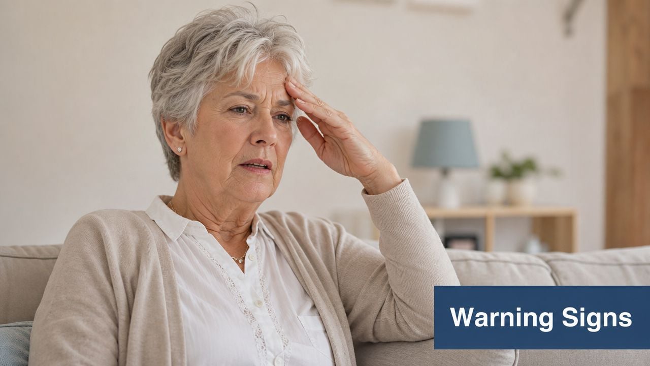 An elderly woman sitting on a couch with her hand on her forehead looking concerned and worried.