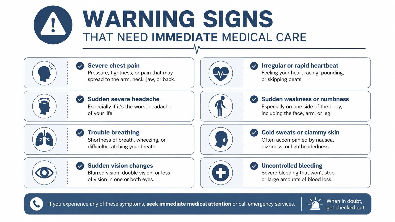 An infographic displaying eight warning signs that require immediate medical attention, such as chest pain or breathing issues.