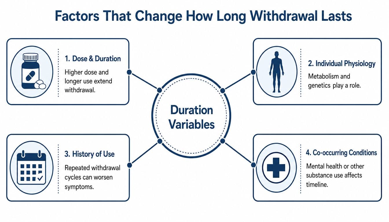 A diagram outlining four key factors influencing the duration of withdrawal from substances like OxyContin.