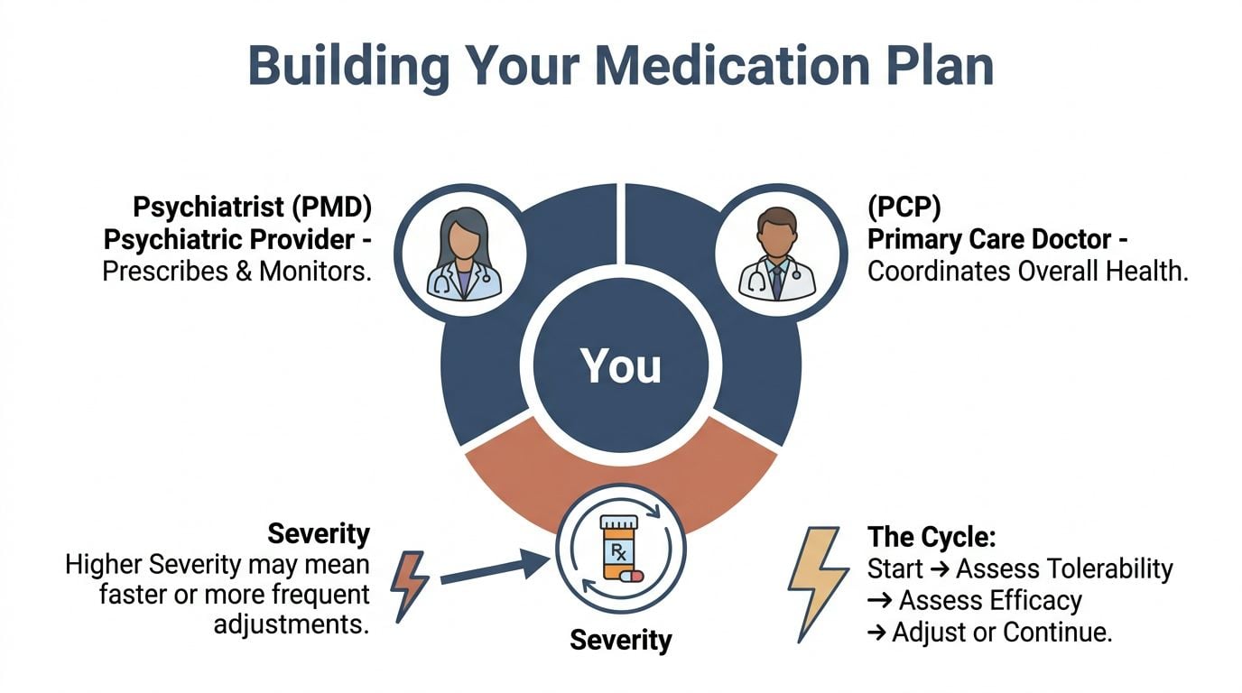 An infographic showing the collaborative process between you, your psychiatrist, and your primary care doctor for medication management.