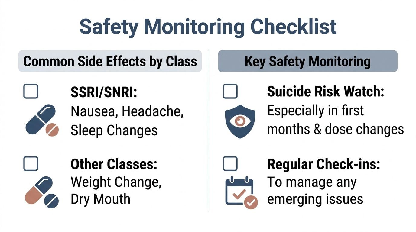A safety monitoring checklist for antidepressant medications highlighting common side effects and key monitoring practices.
