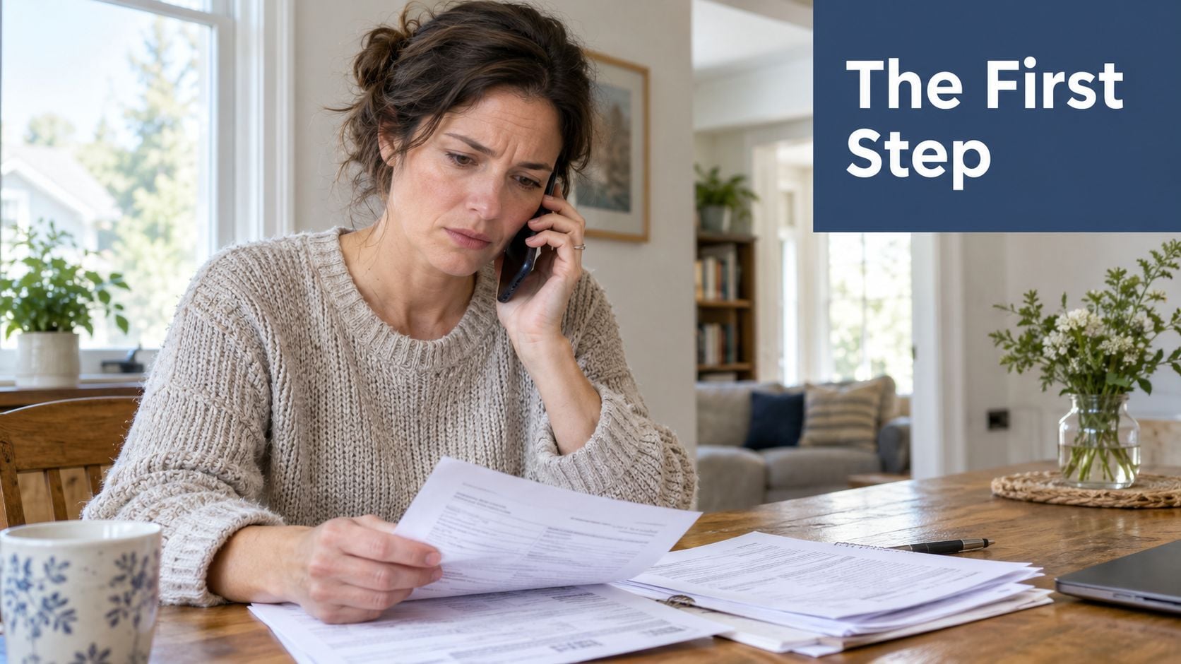 A concerned woman sitting at a dining table holding documents while talking on her cell phone.