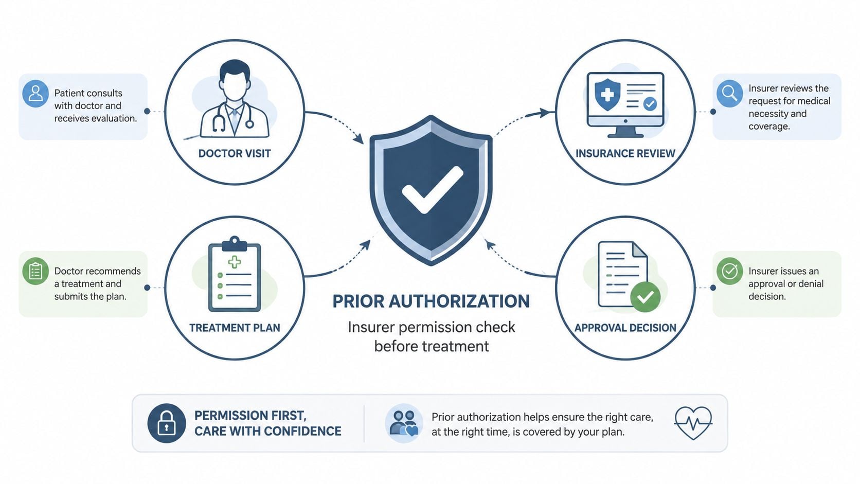 An infographic showing the four-step prior authorization process from a doctor visit to final insurance approval.