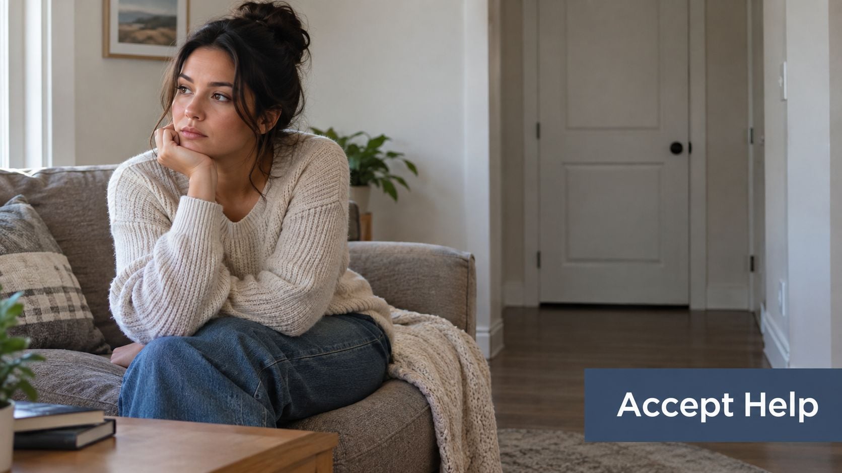 A contemplative young woman sitting on a cozy couch, processing thoughts about recovery and healing.