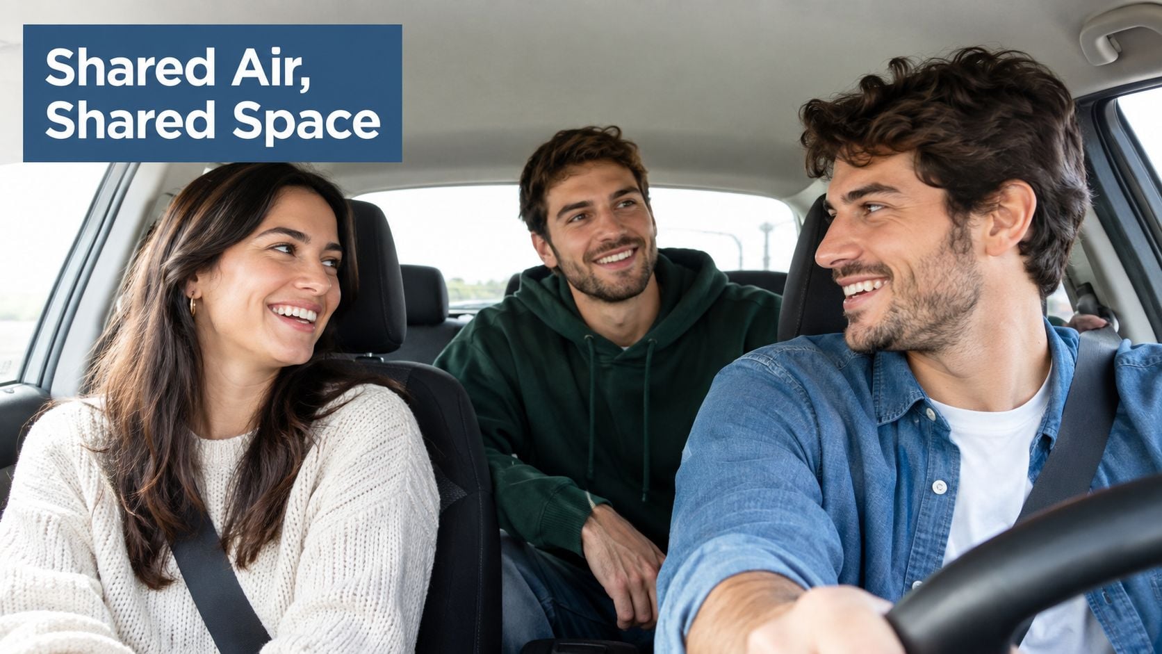 A woman and two men smiling and talking while riding together inside a car.